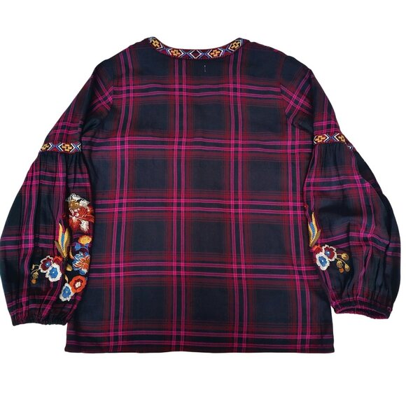 Time For Me Plaid Embroidered Floral Balloon Sleeve V-Neck Blouse Women's Small - Picture 4 of 15